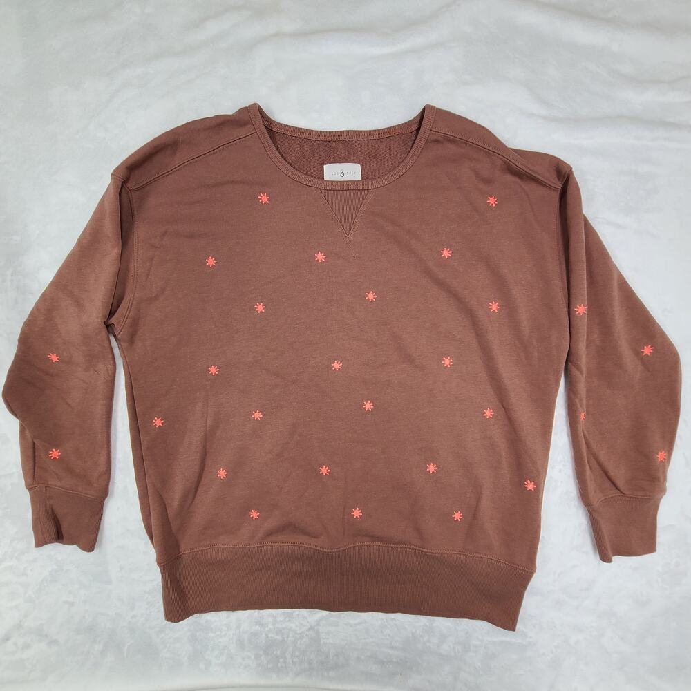 Lou & Grey Women's Crewneck Embroidered Star Terry Sweatshirt in Brown